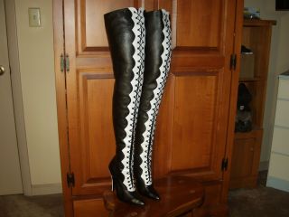 Rare Little Shoe Box Black Leather Lace Up Boots White Trim Size 8 Uk