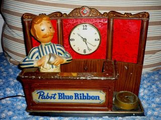 Vintage Pabst Blue Ribbon Advertising Beer Sign/display With Light & Clock
