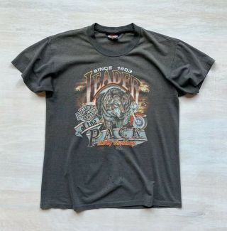 Vintage 90s 3 Emblem Harley Davidson Large T - Shirt Leader Of The Pack 1990s