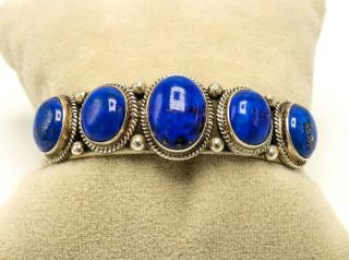 Running Bear Shop SIGNED Sterling Silver Lapis Lazuli Cabochon Cuff Bracelet 8