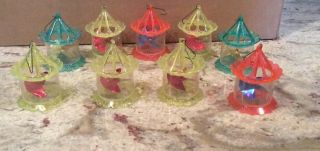 Birdcage Spinners (nine Vintage) Plastic Christmas Ornaments 1950s 60s.  And Box