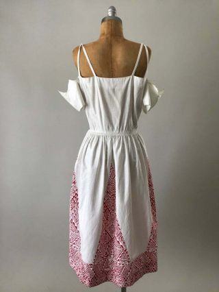 1950s Vintage Aztec Border Print Off Shoulder Zig Zag White Cotton Day Dress | L 7