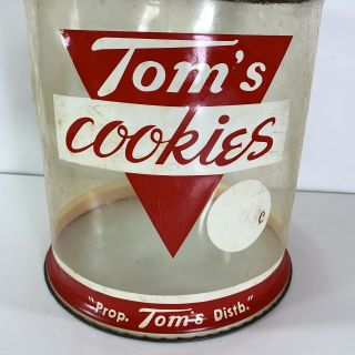 Vintage Tom ' s Cookies Container Metal Lid Store Display Advertising Plastic Jar 2