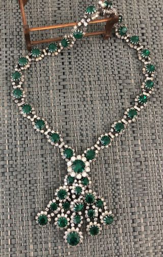 Stunning Vintage Signed Kramer Of York Emerald Rhinestone Necklace