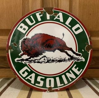 Porcelain Buffalo Gasoline Sign Vintage Gas Pump Plate Motor Oil