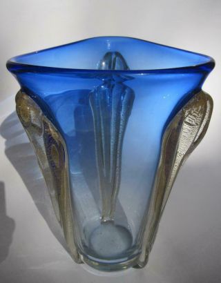 Vintage Mid - Century Italian Murano Blue Applied Art Glass Gold Fleck Decoration