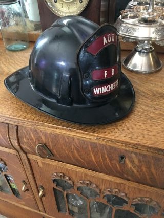 Vintage Winchester Fire Fighters Fireman Helmet Msa Top Guard W/ Leather Badge