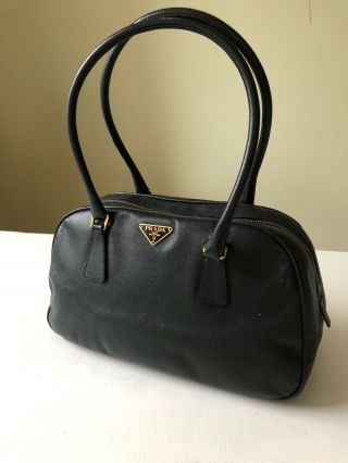 Authentic Vintage Prada Small Hand Bag Black Nylon Leather Gold Metal With Lock