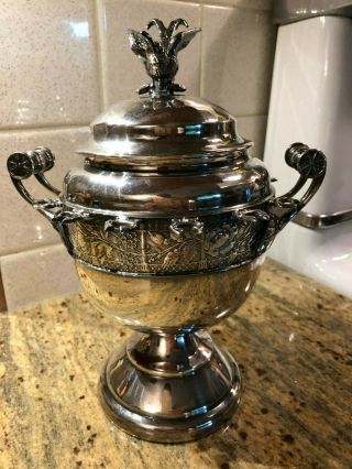 Antique Silver Plate Sugar Caddy W/12 Spoon Holder Lid W/bird Finial