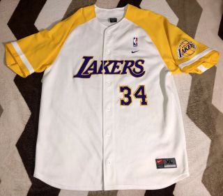 Vintage Los Angeles Lakers Shaquille O’neal 34 Nike Baseball Jersey Mens Sz Xl
