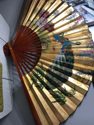 Large Oriental Vintage Hand Painted Chinese Fan Decorative Wall Hanging Art 65in