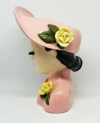 Vintage Lady Head Vase Pink With Yellow Flowers Black Hair Made in Japan 4