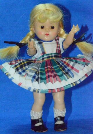 Vintage 8 " Vogue Ginny Doll Strung In Margie Tagged Dress Center Snap Shoes & St