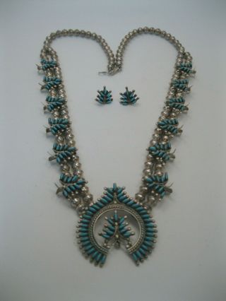 Vintage Zuni Silver & Needlepoint Turquoise Squash Blossom Necklace,  Earrings