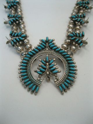 Vintage Zuni Silver & Needlepoint Turquoise Squash Blossom Necklace,  Earrings 2
