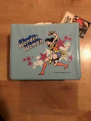 Vtg.  1977 Wonder Woman Blue Vinyl Lunch Box W/thermos Nos W/ Tag