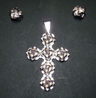 Vtg Roses Cross Pendant,  Earrings Set Sterling Silver 925 Taxco Mexico Tg - 254