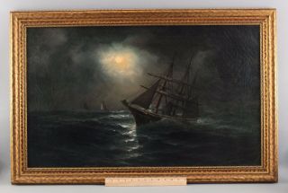 Antique American Nocturnal Moonlight Sailing Steamship Maritime Oil Painting