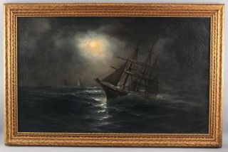 Antique American Nocturnal Moonlight Sailing Steamship Maritime Oil Painting 2