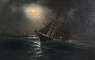 Antique American Nocturnal Moonlight Sailing Steamship Maritime Oil Painting 3