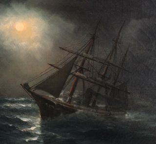 Antique American Nocturnal Moonlight Sailing Steamship Maritime Oil Painting 4