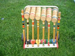 Vintage Wooden Croquet Set With Stand,  Balls & Mallets Complete