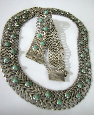 Vtg Tnc Sterling Silver Green Turquoise Necklace Bracelet Set Woven Mesh 16 " 83g