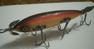 4) Old Wood Vintage Heddon 150 Dowagiac 5 Hook Fishing Lure,  Rare Red Green