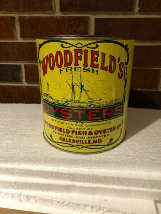 Vintage 1 Gallon Woodfield’s Oyster Tin/Can 1950’s With Lid 2
