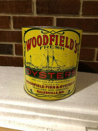 Vintage 1 Gallon Woodfield’s Oyster Tin/Can 1950’s With Lid 4
