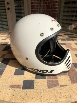 Vintage 1975 Bell Moto 3 White Full Face Motorcycle Bmx Helmet 7 5/8” Xl
