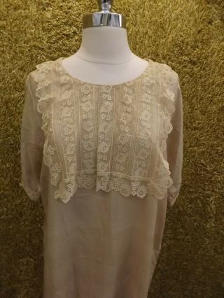 Vtg Antique C1900 Tan Delicate Floral Tambour Lace Hand Sewn Nightgown L Silk?