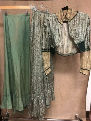 Antique Vintage Victorian Printed Silk Three Piece Blouse And Skirt Set