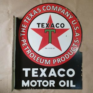 Texaco Motor Oil 2 Sided Vintage Porcelain Sign 21 X 27 Inches With Flange