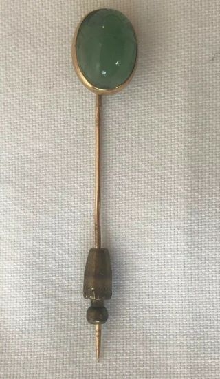 Art Deco Egyptian Revival 14k Gold Stick Pin Curved Jade Scarab Antique