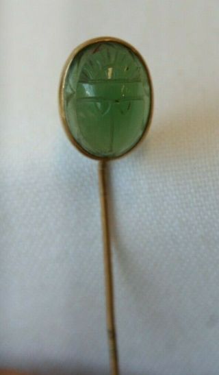 Art Deco Egyptian Revival 14K Gold Stick Pin Curved Jade Scarab Antique 3