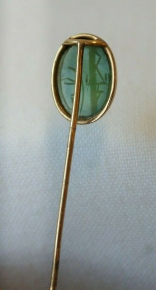 Art Deco Egyptian Revival 14K Gold Stick Pin Curved Jade Scarab Antique 4