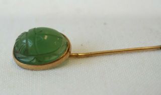 Art Deco Egyptian Revival 14K Gold Stick Pin Curved Jade Scarab Antique 6
