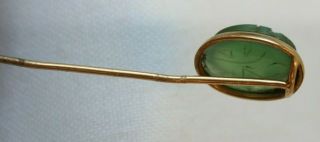 Art Deco Egyptian Revival 14K Gold Stick Pin Curved Jade Scarab Antique 7