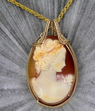 Hand Carved Shell Cameo Pendant Necklace 14kt Rolled Gold Wire Wrapped