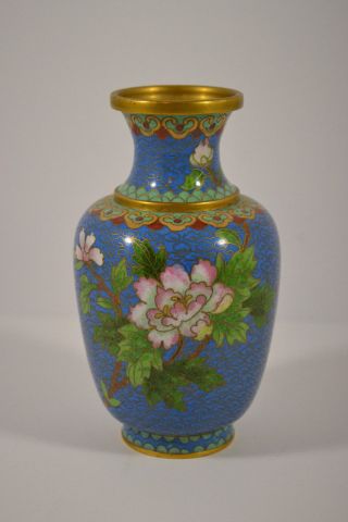 Vintage Chinese Cloisonne Vase 5 " Inch Shelf Cabinet Display Enamel Pink Flowers