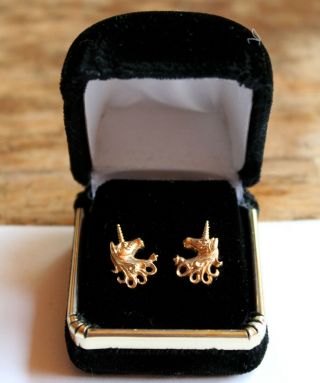 Cute Vintage 14k Yellow Gold Solid Unicorn Stud Earrings Signed 3g 15mm Size