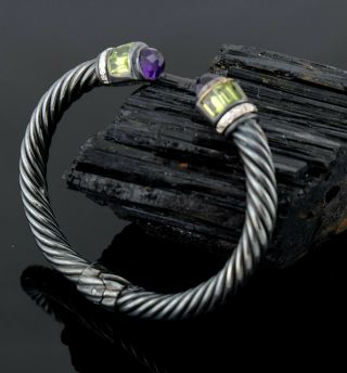 Vtg Sterling Silver 14k Gold Green Peridot Purple Amethyst Cable Cuff Bracelet