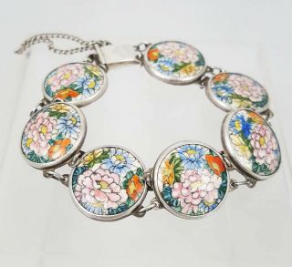 Rare Sterling Silver & Antique Hand Painted Floral Ceramic Button Link Bracelet