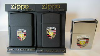 3 Vintage Porsche Zippo Lighters Salesman Sample Unfired W Cases Papers