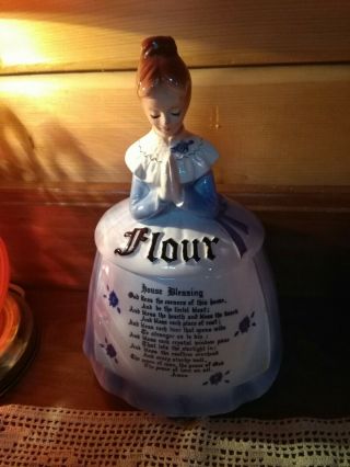 Vintage Enesco Flour Prayer Lady Canister Mother In The Kitchen Blue