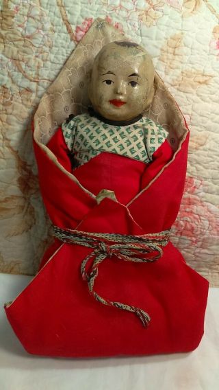 Antique Paper Mache Composition Chinese Baby Doll W Blanket