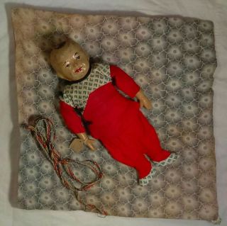 ANTIQUE PAPER MACHE COMPOSITION CHINESE BABY DOLL W BLANKET 2