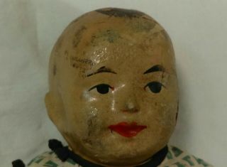 ANTIQUE PAPER MACHE COMPOSITION CHINESE BABY DOLL W BLANKET 6