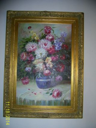 Large Oil Painting Of Florals 34 X48,  And Signed Collins